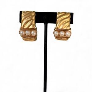 GIVENCHY Vintage Etruscan Gold Tone & Pearl Runway Statement Earrings